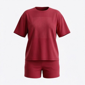 2 Piece High Quality Formal Solid Above Knee Home Wear Suit Short Sleeve T Shirt and Shorts <b>Twin</b> <b>Set</b> for Women - Product Image 1