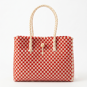 Eco-friendly Waterproof Durable Ladies Handbag Recycled <b>Plastic</b> Material Loop & Button Closure Woven Bag Red and White Color - Product Image 1
