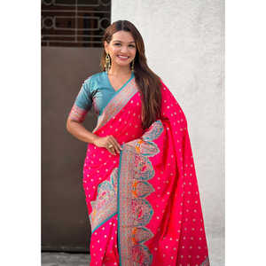 Sari en soie Darbari rose tissé avec des fils Zari, vêtements indiens et pakistanais avec une touche élégante de pashmina, tissages d'élite 700g - Product Image 2