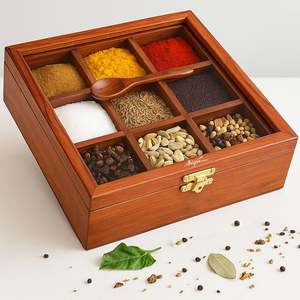 Caja de especias cuadrada de madera con compartimentos de almacenamiento, cuchara de madera, caja de regalo para frutos secos, tamaño personalizado y en oferta. - Product Image 1