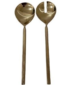 Service à salade en acier inoxydable 18/10 de style vintage, fourchette et cuillère polies en or, ustensiles de cuisine uniques pour la maison et l'hôtel - Product Image 1