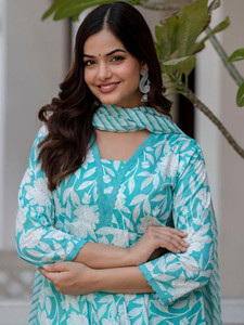 Women's Floral Digital Print Quick Dry Blue Cotton Kurta Set <b>Trousers</b> Regular Fit Knee-Length Traditional <b>Indian</b> Pakistani Wear - Product Image 4