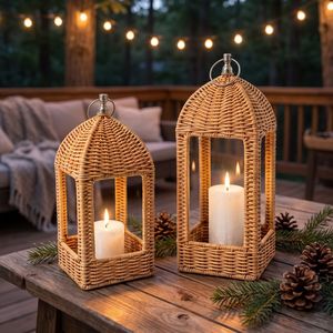 <b>Rattan</b> Handmade Candle <b>Lantern</b> Set with Stainless Steel Ring All-Weather Outdoor Patio & Indoor Tabletop Decor Factory Direct - Product Image 2