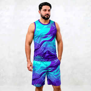 Conjunto de camiseta sin mangas y pantalones cortos con estampado geométrico para hombre, sublimado, de poliéster tejido, deportivo, para verano, con cuello redondo. - Product Image 1