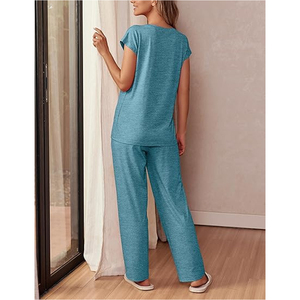 ชุดเซ็ตแฟชั่นผู้หญิงสองชิ้น เสื้อแขนสั้นลำลอง กางเกงขายาวรูดเชือก ขายส่ง - Product Image 3
