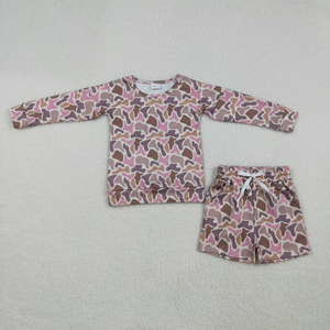 Conjunto de ropa para niña con mangas largas y estampado de camuflaje, pantalones cortos con bolsillos - Product Image 1