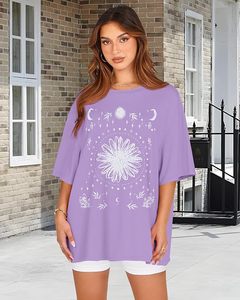 เสื้อยืดผ้าฝ้ายเจอร์ซีย์ทรงหลวมคอกลมแขนสั้นพิมพ์ลายดอกไม้โบฮีเมียนสีม่วงสำหรับผู้หญิงฤดูใบไม้ผลิฤดูร้อนเสื้อลำลอง - Product Image 3