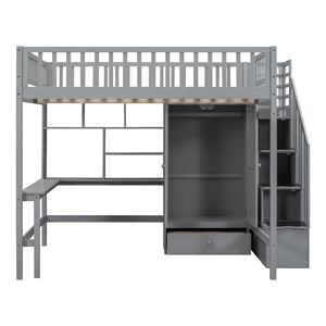 Letto a soppalco full-size per bambini con libreria, cassetti, scrivania e armadio, colore grigio - Product Image 6