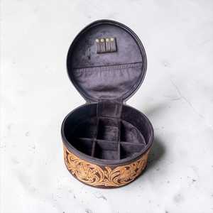 Vintage Genuine Leather Hand Tooling Eco-Friendly Fashion Jewelry Case with Zipper Closure for Storage Travel Durable Round Box - Product Image 4
