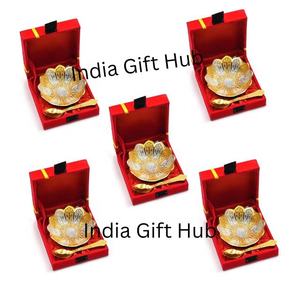 Bols décoratifs Lotus en argent et plaqué or de 4 pouces Cadeau de retour de mariage indien en relief Dessert et bol de fruits secs Cuillère polie - Product Image 1