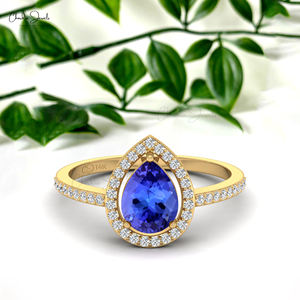 Produits très demandés : Bague de mariage en or jaune massif 14 carats avec tanzanite naturelle taille poire 8x6mm et halo de diamants, pour demoiselle d'honneur - Product Image 1