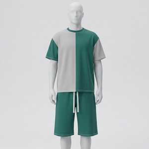 Conjunto de Camiseta y Pantalones Cortos para Hombre, Diseño Color Block, Algodón, Dos Tonos, Estilo Casual de Verano, Holgado, Personalizable, Transpirable - Product Image 1
