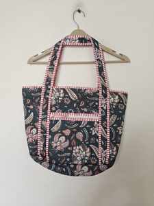 Floral Orange Quilted Cotton Medium Shoulder Tote <b>Bag</b> Zipper Closure Double Handles <b>Reusable</b> Everyday Ladies Shopping Beach - Product Image 5