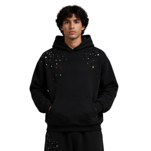 <b>Black</b> Rhinestone Star Pattern Hoodie Men Oversized Fleece Pullover Custom Logo Streetwear Heavyweight Casual Hooded <b>Sweatshirt</b> - Product Image 1