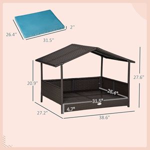 Casa para Perros Elevada de Mimbre Rectangular Azul Clásico, con Cojín Extraíble, Cama Elevada de Ratán para Interiores y Exteriores, Muebles para Mascotas, Animales Pequeños - Product Image 3