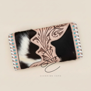 Western Deck Of Cards Tooled Leather Cowhide Women Wallet Card Holder Clutch Purse Aces Handcrafted Hair-On Hide Zipper <b>Wristlet</b> - Product Image 5