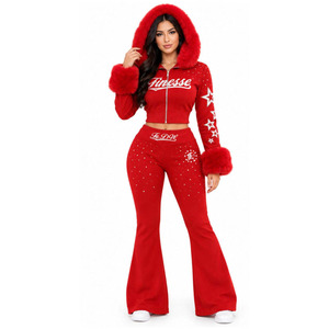 Custom Logo Women Faux Fur Hooded Cropped Zip Up Hoodie and Flare Pants Set Rhinestone <b>Y2K</b> 2 Piece <b>Tracksuit</b> - Product Image 2