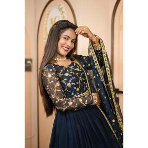 ROBE DE TRAVAIL SEQUENCE BRODERIE EN SOIE AVEC DUPATTA BLEU MARINE - Product Image 4