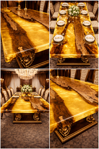 Plateau de table de luxe en bois massif à bords naturels et résine dorée effet rivière, idéal pour salle à manger ou bureau - Product Image 4