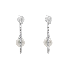 Pendientes de Plata de Ley 925 con Perla de Agua Dulce y Diamante de Corte Brillante Redondo en Engaste de Canal, Joyería Fina Clásica para Mujer - Product Image 1
