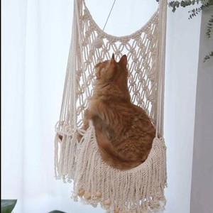 Modern Boho Style Macrame <b>Hammock</b> Handwoven Comfortable Indoor Cat & Rabbit Bed Cave Home Decor Wall Bed Sleeping Playing Kit - Product Image 6