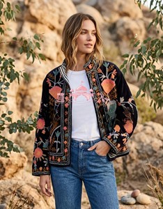 Handmade Women Velvet <b>Quilted</b> Jacket Kashmiri Suzani Embroidery Winter Coat Boho Style Pullover Breathable Party Wear - Product Image 3