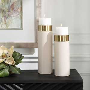 Modern White Leather & Gold Metal Pillar Candle Holder <b>Set</b> Elegant Minimalist Design Round Shape For Luxury Home Decoration - Product Image 6