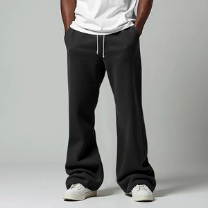 Men's <b>Black</b> Flare <b>Pants</b> Elastic Waist Drawstring Casual Wide Leg Cotton Trousers With Side Pockets Autumn Wear - Product Image 4