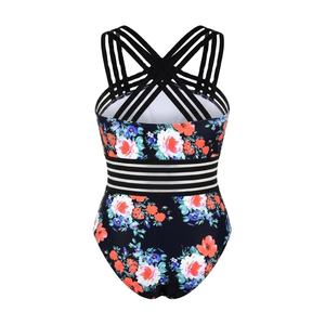 Maillot de bain une pièce floral pour femmes, bretelles croisées, taille rayée, maillot de bain OEM - Product Image 3