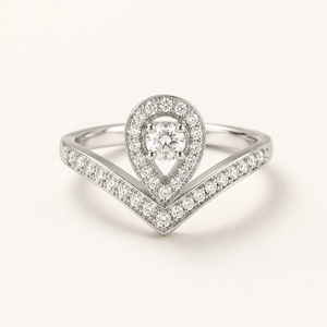 Bague de fiançailles en or blanc 14 carats avec halo de diamants ronds et en forme de poire, 1/2 CTW |   Bague en forme de V pour femme, bijoux fins, cadeau élégant - Product Image 1