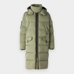 Veste longue matelassée à capuche pour homme, vert olive, hiver, épaisse, col montant, motif camouflage, logo frontal, poches zippées - Product Image 2