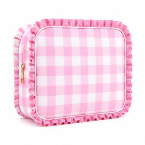 Pochette cosmétique rayée bleue, pochette à maquillage à volants, organiseur de toilette à fermeture éclair, étui de rangement de voyage - Product Image 3