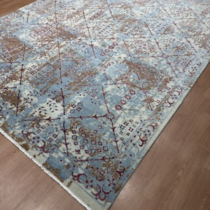 Tapis géométrique en soie bleu ciel noué à la main de 8x10 pieds pour salon - Product Image 3