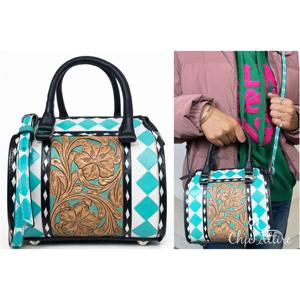 Sac à main en cuir véritable fait main pour femme, style western, avec motif à carreaux turquoise, sac Speedy et sac bandoulière, sac de voyage de créateur - Product Image 1