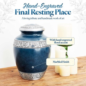 Elegant Blue <b>Memorial</b> Cremation Urn with Decorative Engraved Bands and Velvet Storage Bag - Product Image 3