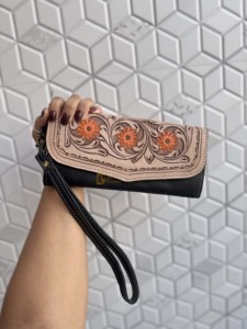 Custom New Designer 2026 Hand <b>Tooled</b> Carving <b>Leather</b> Clutch Stylish Hair On Hide Multi Uses Western Women's Wrist Wallets - Product Image 1