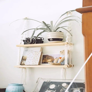 White Wall <b>Shelf</b> With <b>Pine</b> Wood Board Bohemian Macrame Wall Hanging for Home Décor Living Room Foliage Theme Rack <b>Shelf</b> 18X48 in - Product Image 1