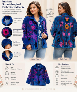 เสื้อแจ็คเก็ตปักลายซูซานีสีน้ำเงินกำมะหยี่ |   เสื้อโค้ทดีไซน์เนอร์สไตล์โบโฮ - Product Image 6