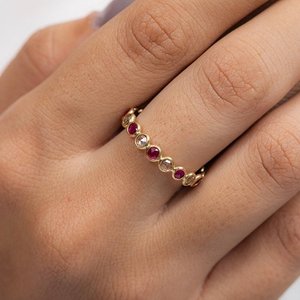18K Gold Ruby Diamond Eternity Band-Micro Insert Pave Setting Wedding Ring - Product Image 1
