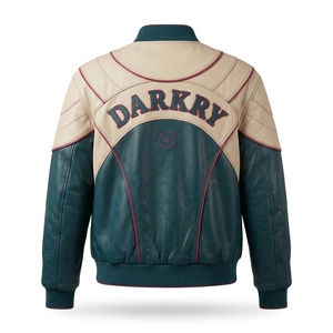 Chaqueta de Cuero Genuino Personalizada para Hombre, Estilo Motero, Color Verde Azulado Crema, con Paneles Bordados, Cierre de Cremallera, Estilo Urbano Vintage - Product Image 2