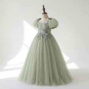 Vestido de Fiesta Elegante para Niña, Estilo Princesa, Color Verde Salvia, con Bordado, Mangas Abullonadas, Venta al Por Mayor - Product Image 2