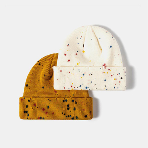 Unisex Speckled Knit Beanie Hat 100% Acrylic Cuffed <b>Winter</b> <b>Cap</b> Casual Style for Adults Black Yellow White Dot Pattern - Product Image 5