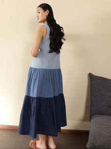 Vestido Maxi Sin Mangas con Bloques de Color, Botones Frontales y Dobladillo Acampanado, Casual de Verano, Tejido de Algodón Transpirable, Ajuste Holgado - Product Image 2