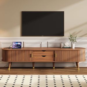 Mobile TV Mid-Century con Ante Scorrevoli in Legno Ovale Scanalato, con Stazione di Ricarica e Video per TV fino a 80 Pollici - Product Image 1