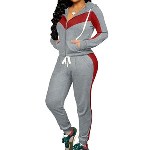 Ensemble de survêtement décontracté pour femme, rose et blanc, avec blocs de couleur, à capuche, fermeture éclair, manches longues, respirant, coupe régulière, pour l'automne - Product Image 2