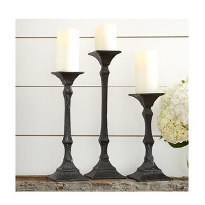 Rustic <b>Hammered</b> Black Pillar Candle <b>Holder</b> Set of 3 Vintage Cast Iron Style Metal Candle Stands Large Multi-Height Pedestals - Product Image 2