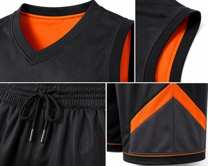 Ensemble de maillots de basket-ball unisexe noir et orange, manches courtes, col en V, maille respirante, nom d'équipe personnalisé, impression par transfert thermique - Product Image 2