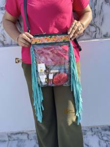 Bolso Transparente con Flecos de Cuero Tallado a Mano, Elegante y Multiusos, Color Turquesa para Mujer - Product Image 1