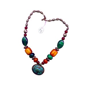 Handcrafted Turquoise Pendant Necklace, Bold Multicolor Bead Necklace, Bohemian Fashion Jewelry Statement Necklace for Women - Product Image 2
