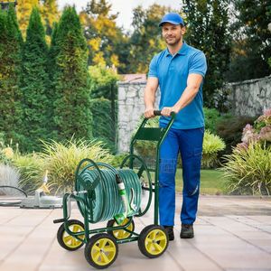 Carrello Avvolgitubo da Giardino in Metallo con 4 Ruote e Cesto Portaoggetti, Capacità 200 Piedi - Product Image 2